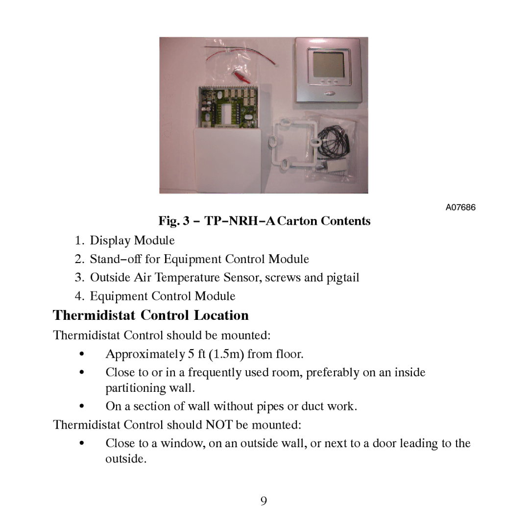 Carrier TP-NRH-A, TP-PRH-A installation instructions Thermidistat Control Location, TP−NRH−A Carton Contents 