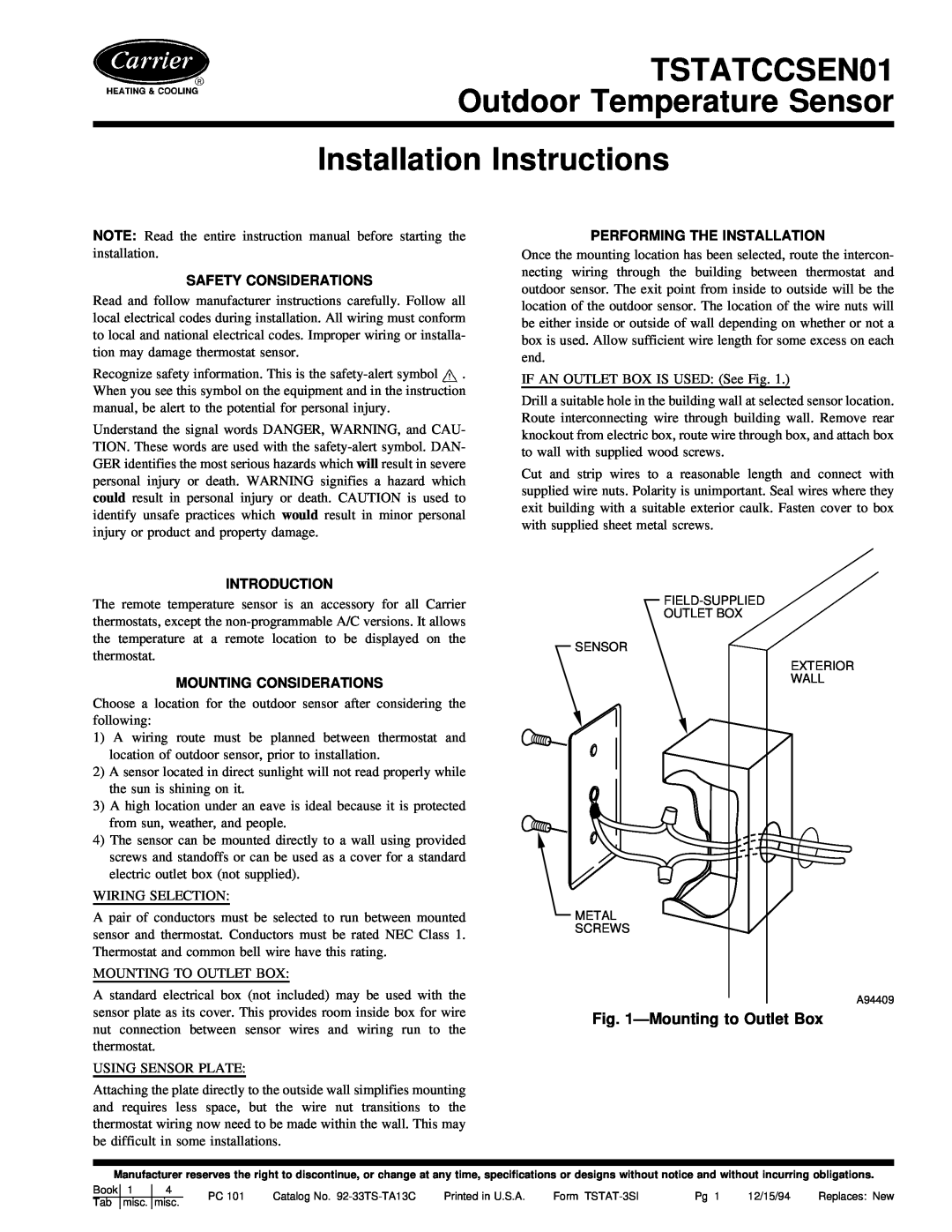 Carrier TSTATCCSEN01 installation instructions ÐMounting to Outlet Box, Installation Instructions, Safety Considerations 