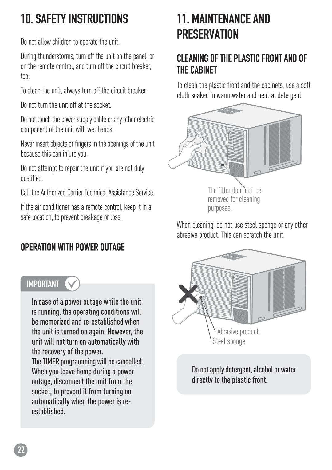 Carrier ZC manual Safety Instructions, Operation With Power Outage, Cleaning Of The Plastic Front And Of The Cabinet 