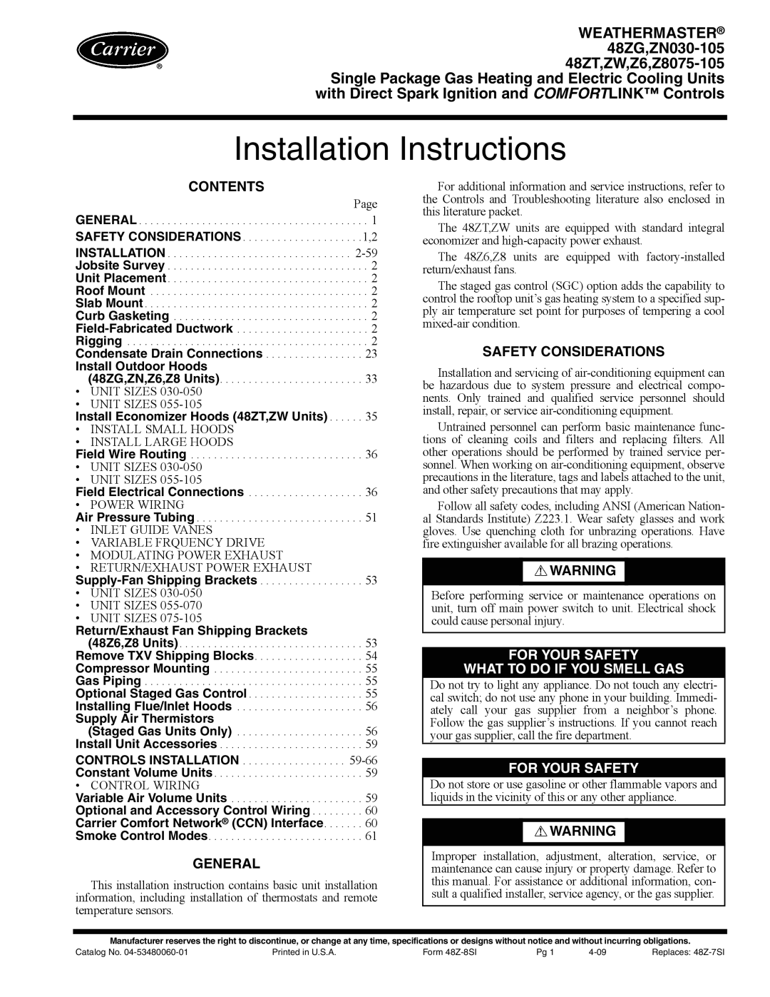 Carrier ZW, ZN030-105, Z6, 48ZT, Z8075-105, 48ZG installation instructions Installation Instructions 