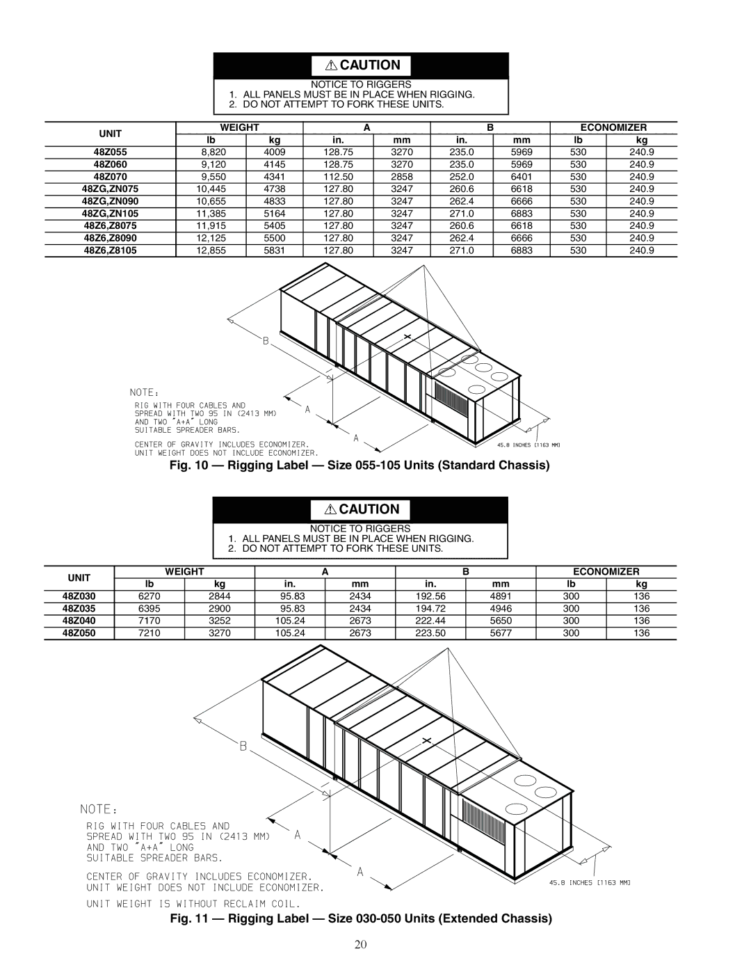 Carrier Z6, ZN030-105, ZW, 48ZT, Z8075-105, 48ZG installation instructions Rigging Label Size 055-105 Units Standard Chassis 