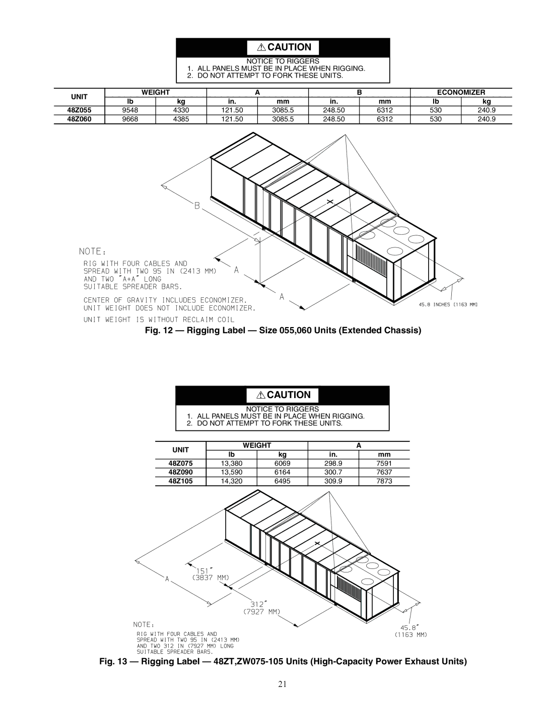 Carrier 48ZT, ZN030-105, ZW, Z6, Z8075-105, 48ZG installation instructions Rigging Label Size 055,060 Units Extended Chassis 