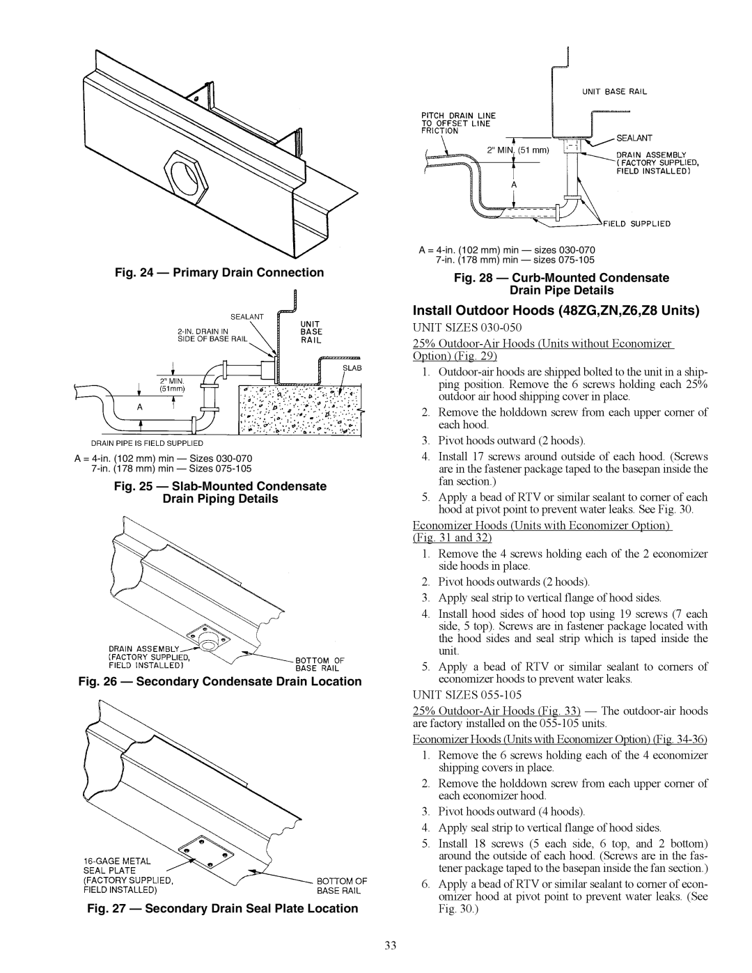 Carrier 48ZT, ZN030-105, ZW, Z8075-105 installation instructions Install Outdoor Hoods 48ZG,ZN,Z6,Z8 Units 