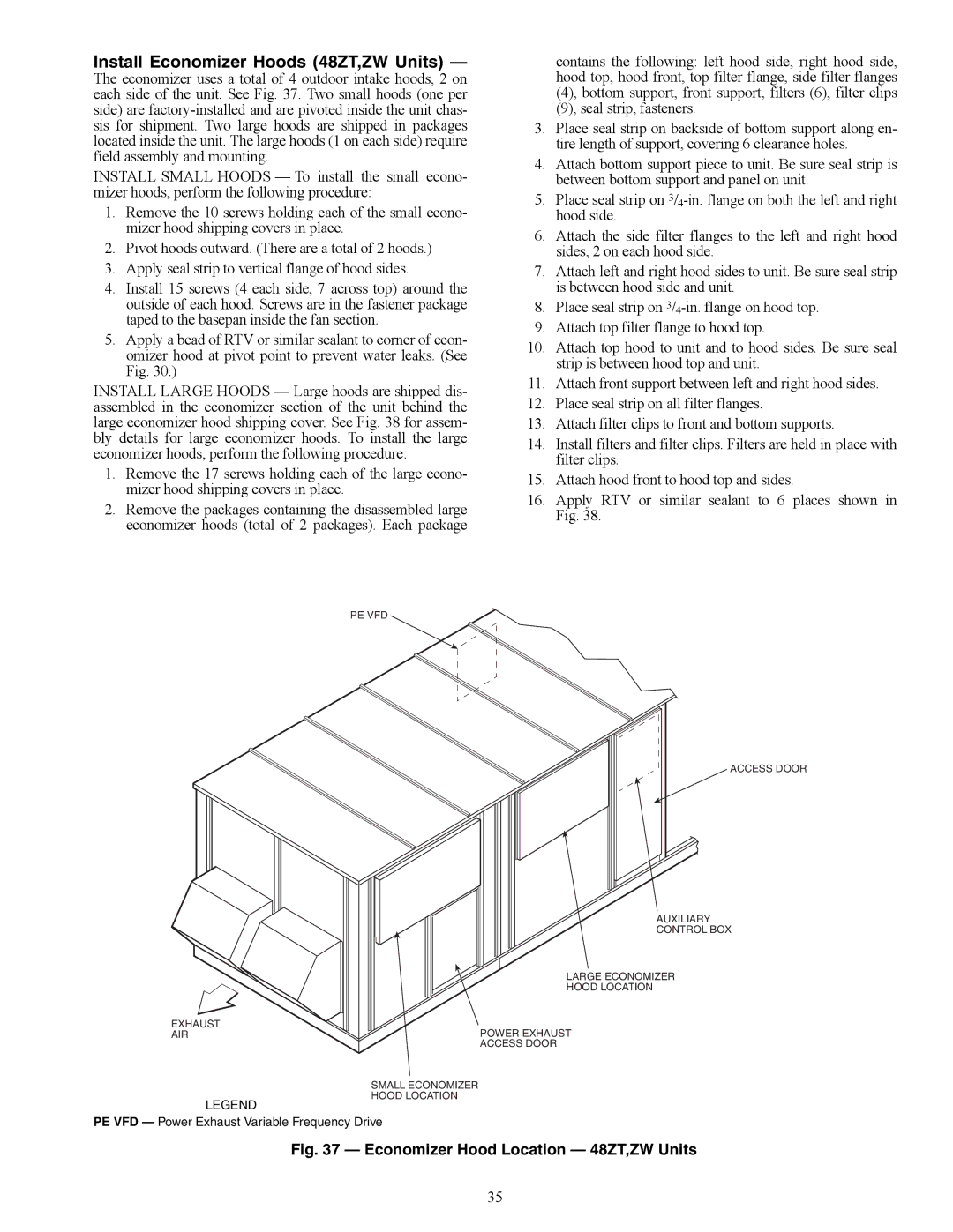 Carrier 48ZG, ZN030-105, Z6, Z8075-105 installation instructions Install Economizer Hoods 48ZT,ZW Units 