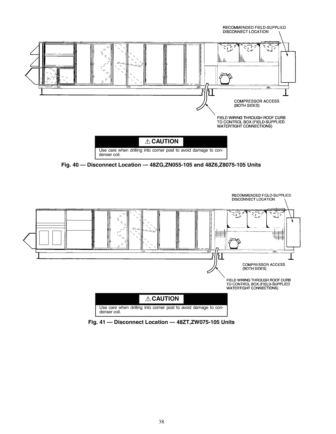 Carrier ZN030-105, ZW, 48ZT installation instructions Disconnect Location 48ZG,ZN055-105 and 48Z6,Z8075-105 Units 