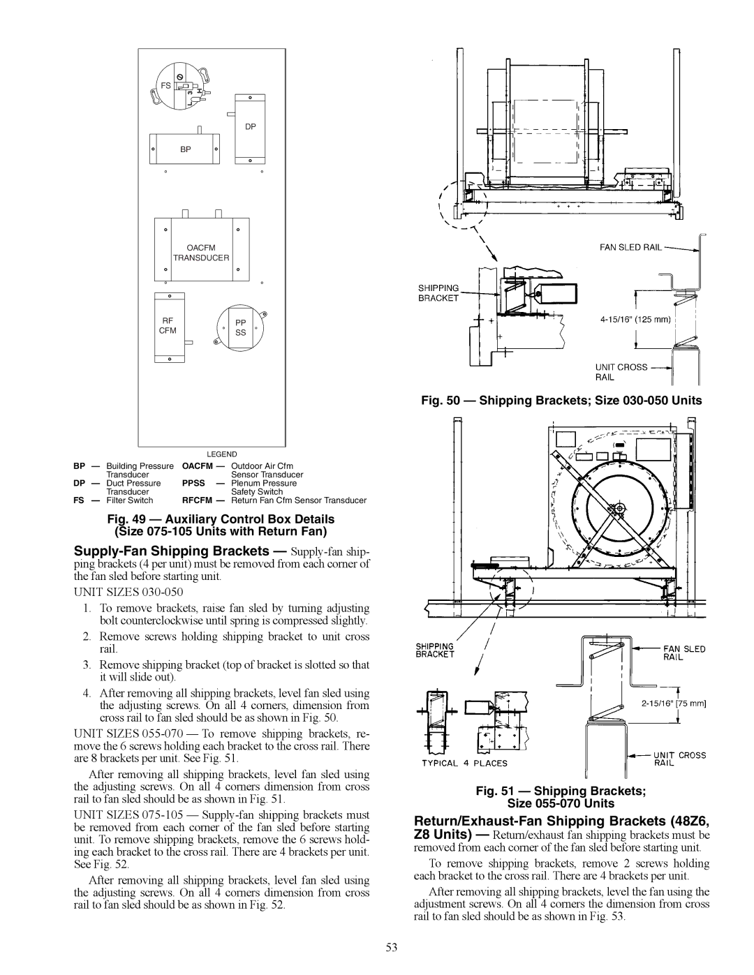 Carrier 48ZG, ZN030-105, ZW, 48ZT, Z8075-105 installation instructions Return/Exhaust-Fan Shipping Brackets 48Z6 