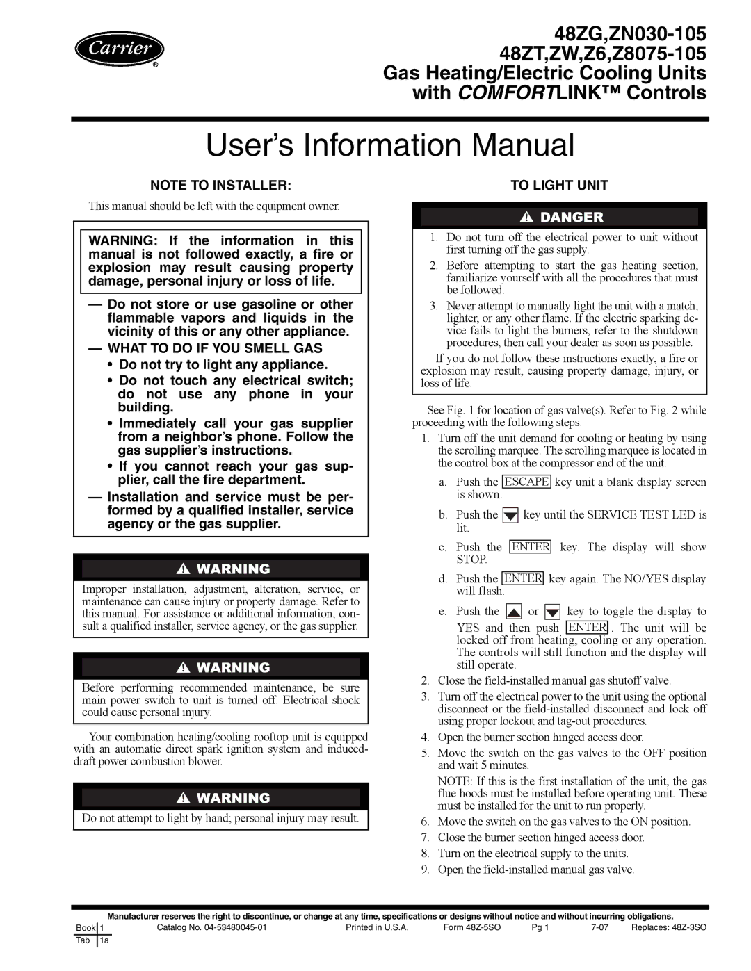 Carrier ZW, ZN030-105, Z6, 48ZT, Z8075-105, 48ZG specifications User’s Information Manual, What to do if YOU Smell GAS 