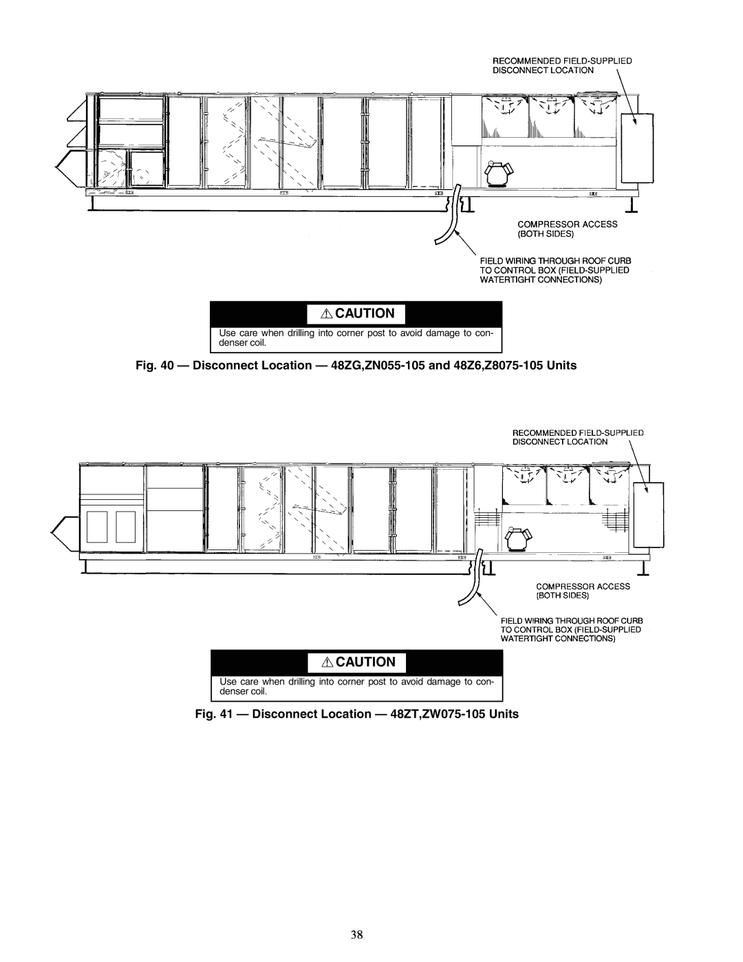 Carrier ZN030-105, ZW, 48ZT installation instructions Disconnect Location - 48ZG,ZN055-105and 48Z6,Z8075-105Units 