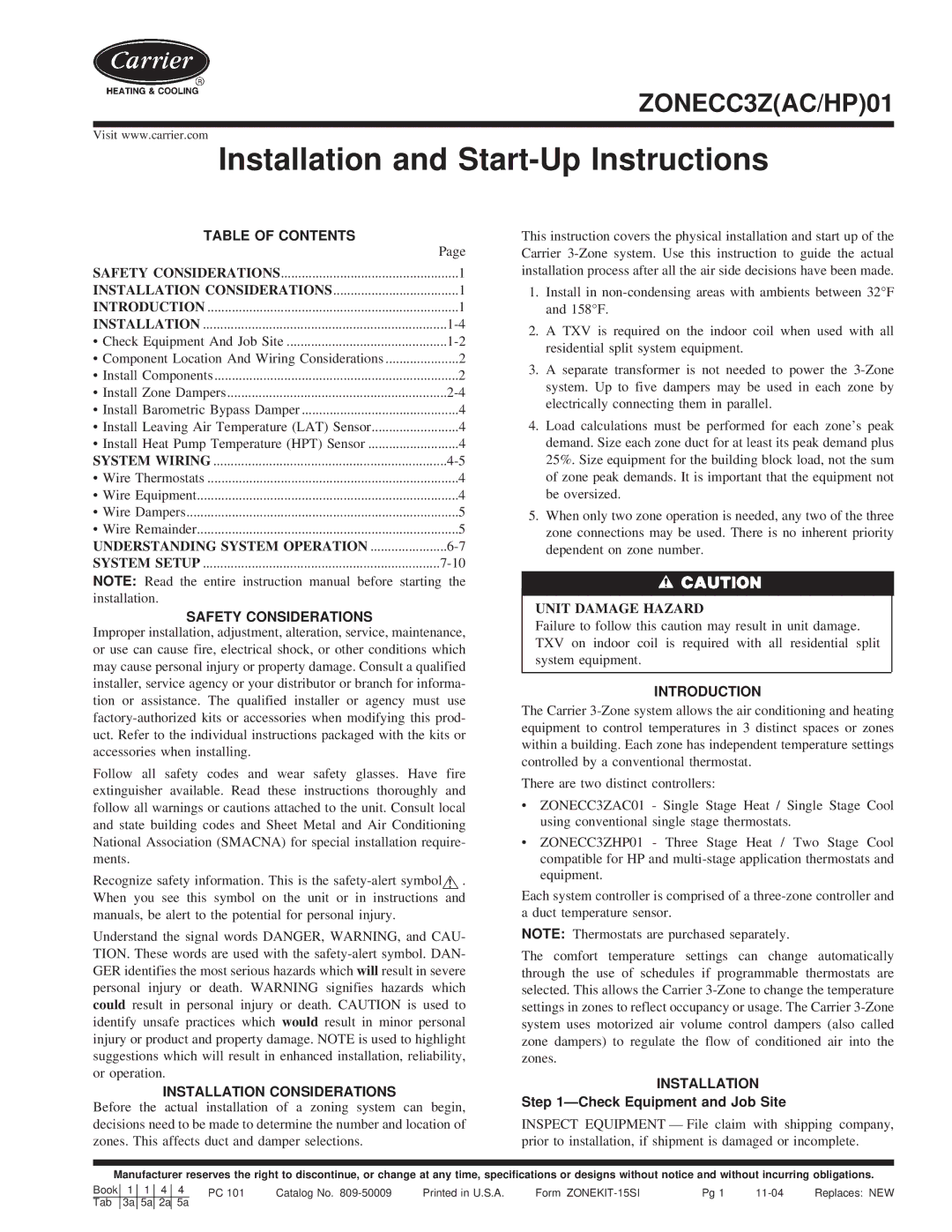 Carrier ZONECC3Z instruction manual Table of Contents, Safety Considerations, Installation Considerations, Introduction 