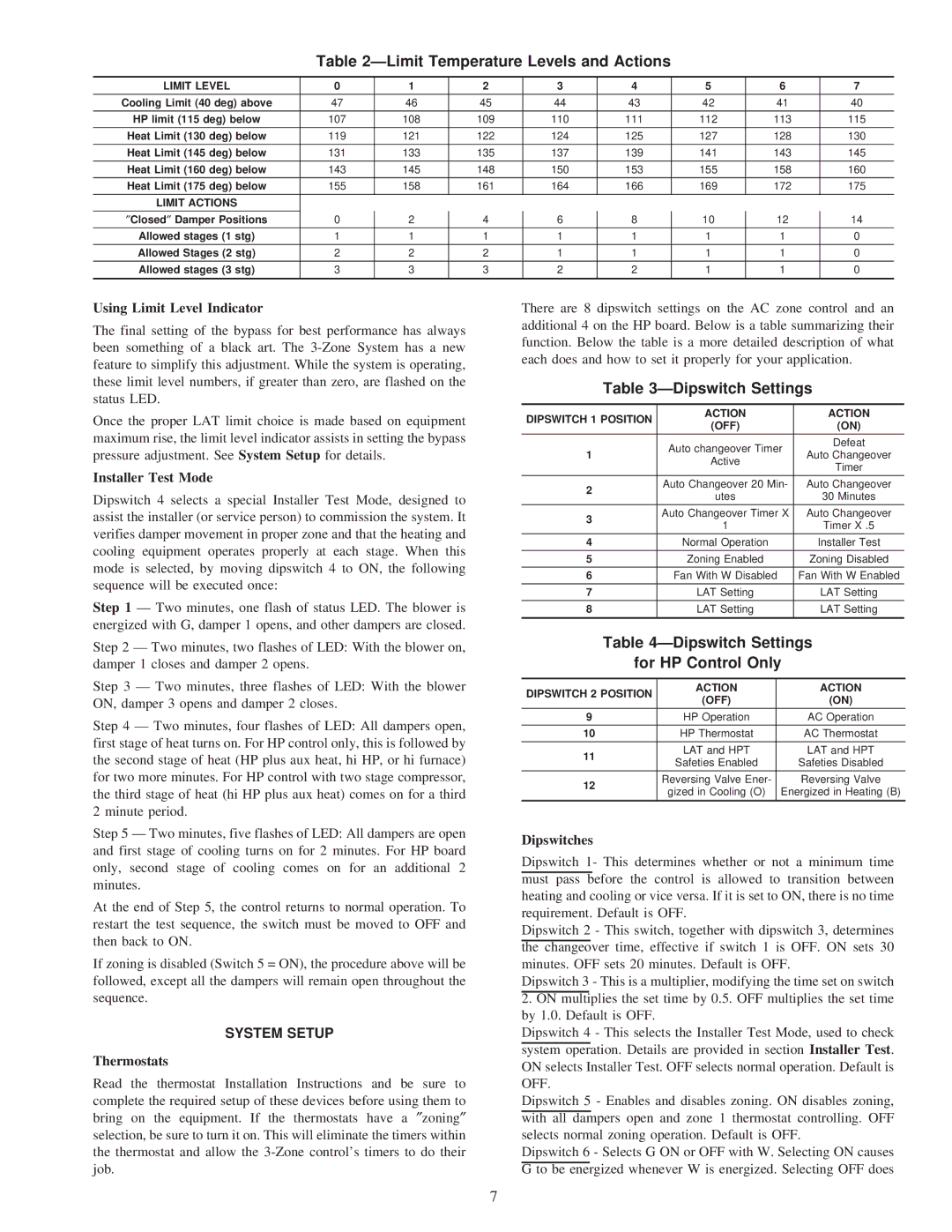 Carrier ZONECC3Z Limit Temperature Levels and Actions, Dipswitch Settings For HP Control Only, System Setup 