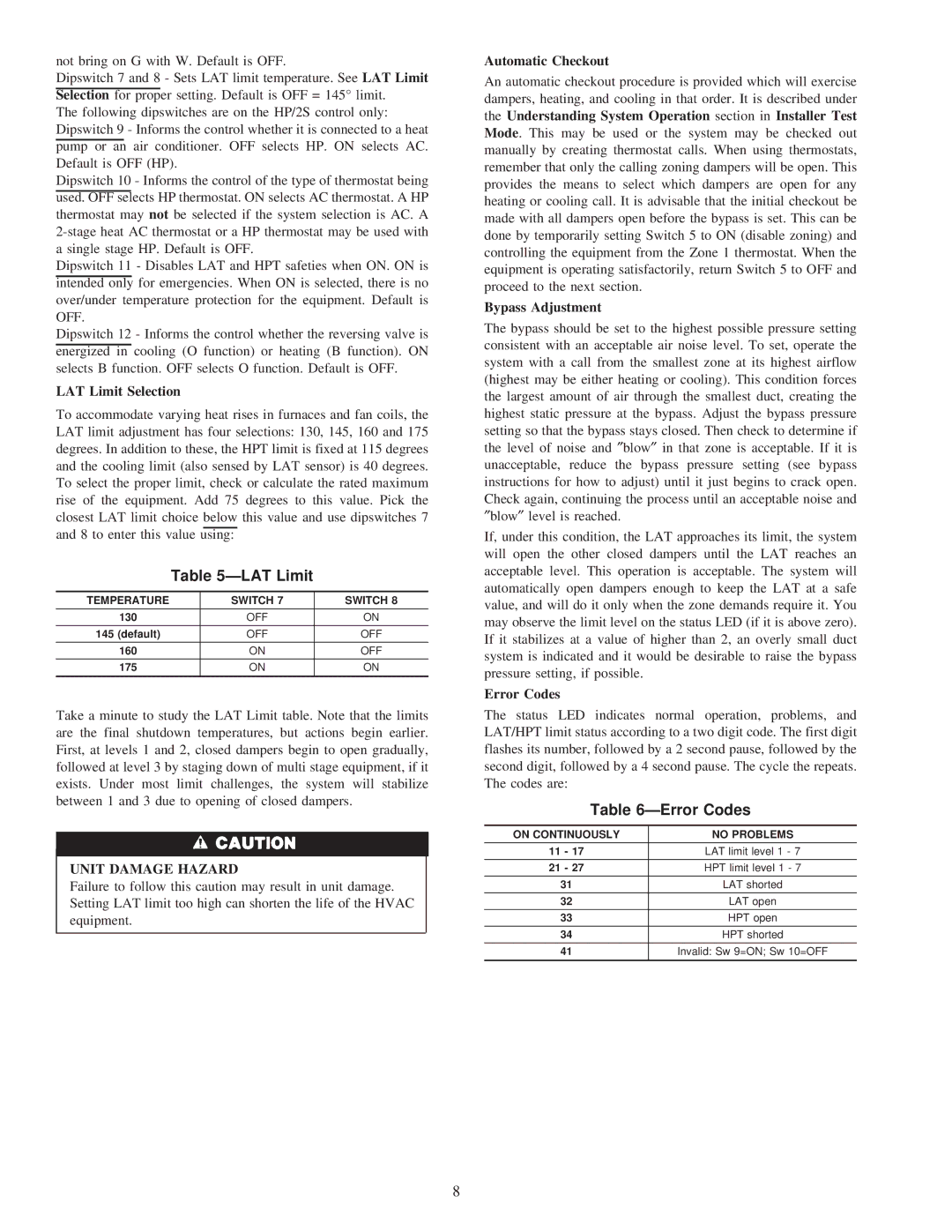 Carrier ZONECC3Z instruction manual LAT Limit, Error Codes, Automatic Checkout, Bypass Adjustment 