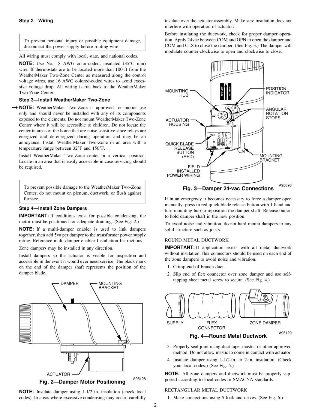 Carrier ZONEKIT2ZCAR instruction manual ÐWiring, ÐInstall WeatherMaker Two-Zone, ÐInstall Zone Dampers 