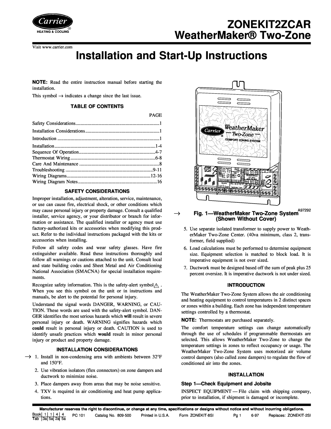 Carrier instruction manual ZONEKIT2ZCAR WeatherMaker Two-Zone, Installation and Start-UpInstructions, Table Of Contents 