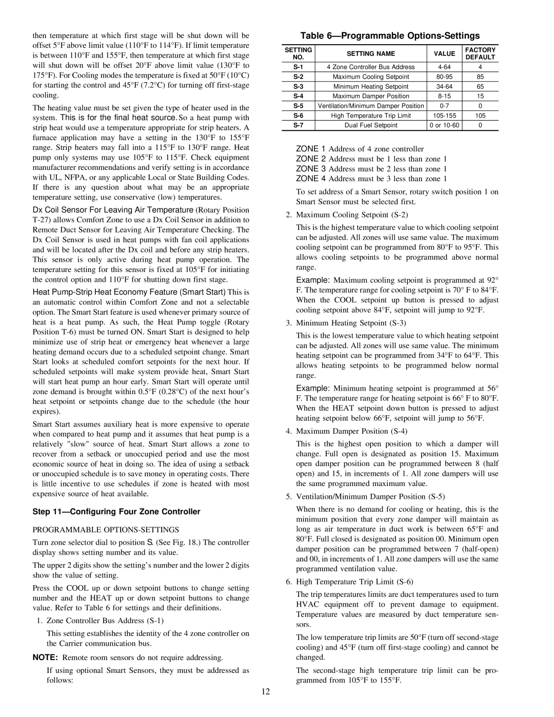 Carrier ZONEKIT4ZCAR ÐProgrammable Options-Settings, ÐConfiguring Four Zone Controller, Programmable OPTIONS-SETTINGS 