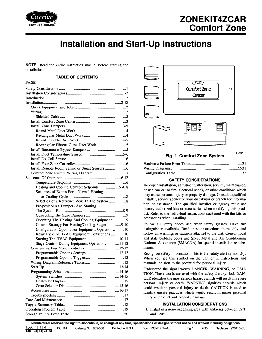 Carrier ZONEKIT4ZCAR instruction manual Comfort Zone System, Table Of Contents, Safety Considerations 