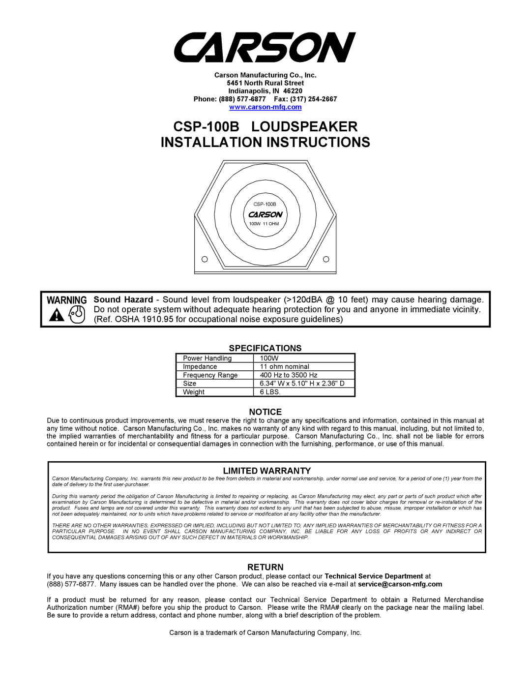 Carson specifications CSP-100B Loudspeaker Installation Instructions, Specifications, Limited Warranty, Return 