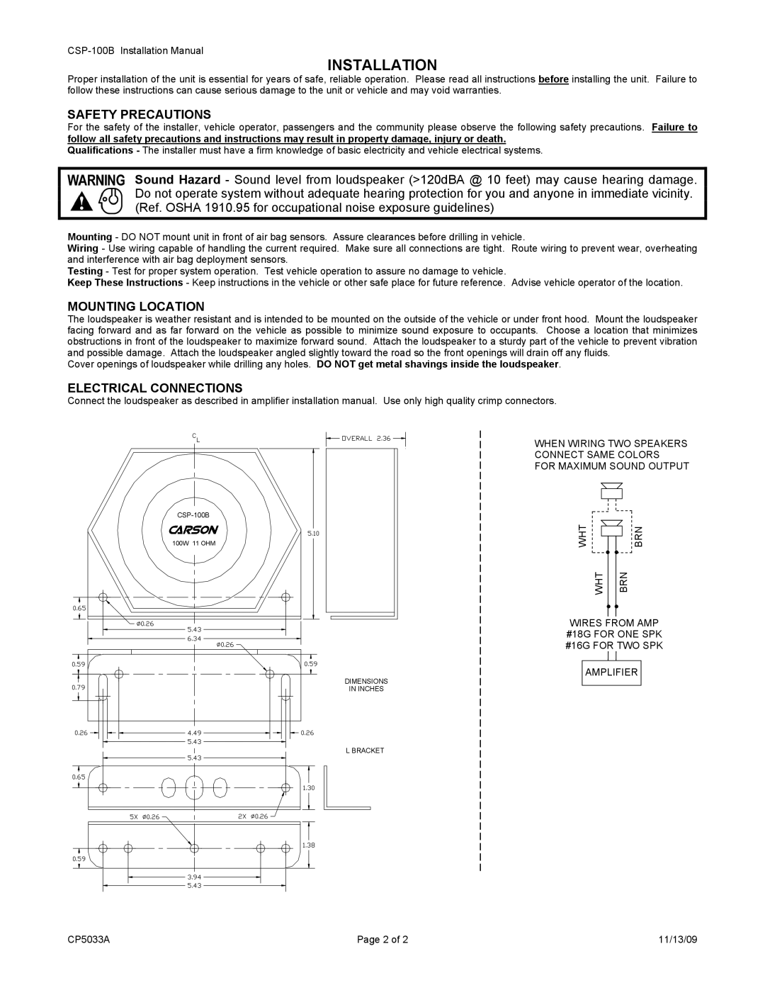 Carson CSP-100B specifications Installation, Safety Precautions, Mounting Location, Electrical Connections 