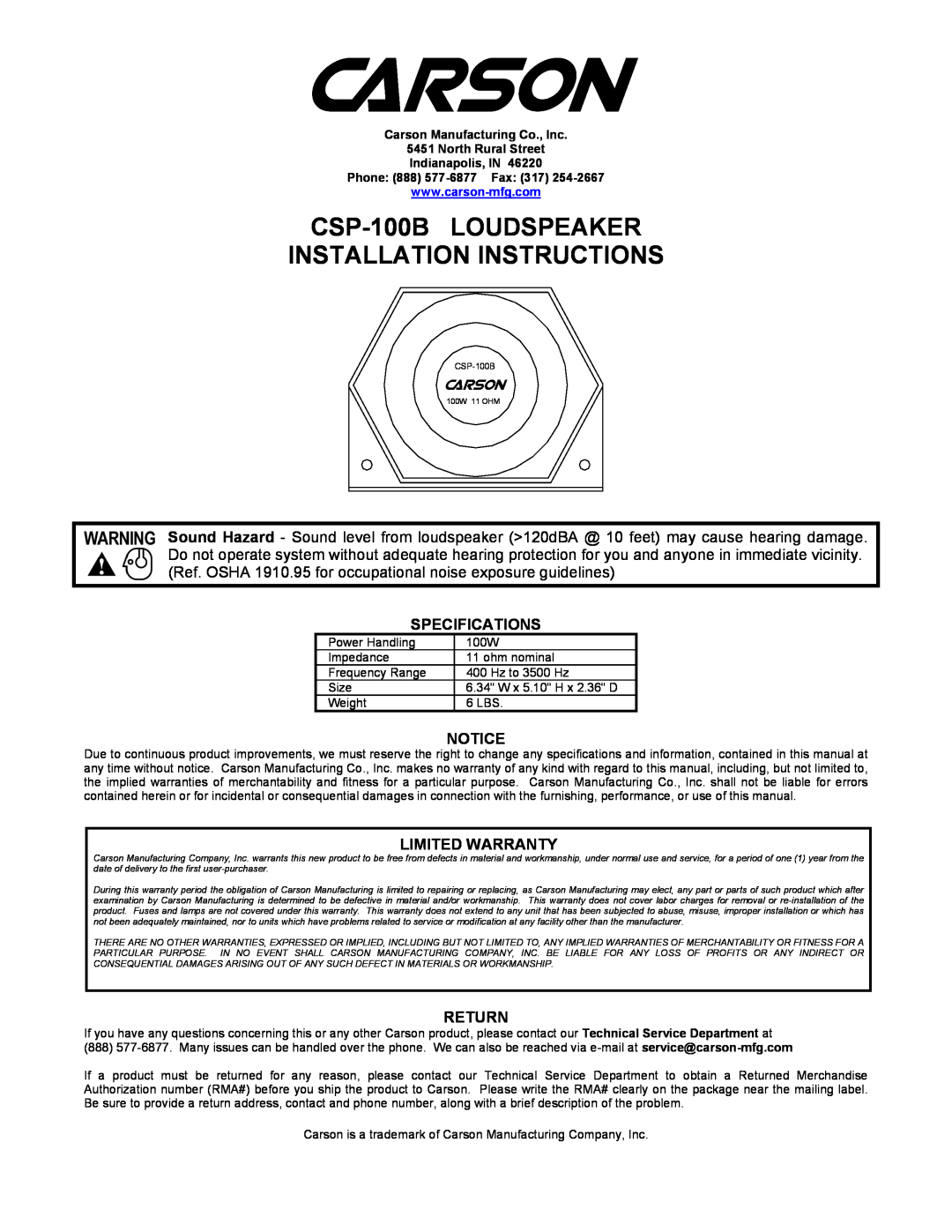 Carson specifications Specifications, Limited Warranty, Return, CSP-100BLOUDSPEAKER INSTALLATION INSTRUCTIONS 