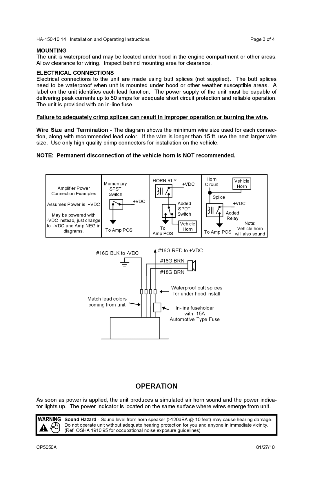 Carson HA-150-10 manual Operation, Mounting, Electrical Connections 