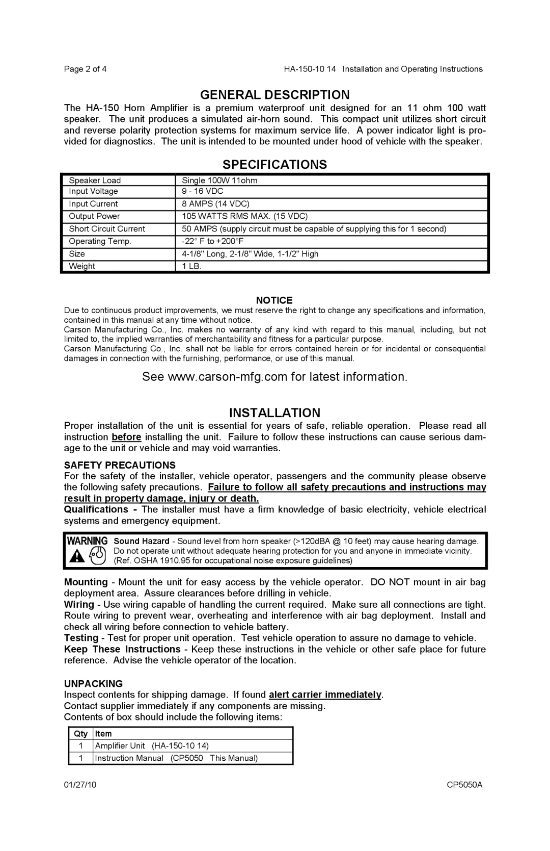 Carson HA-150-10 manual General Description, Specifications, Installation, Safety Precautions, Unpacking 
