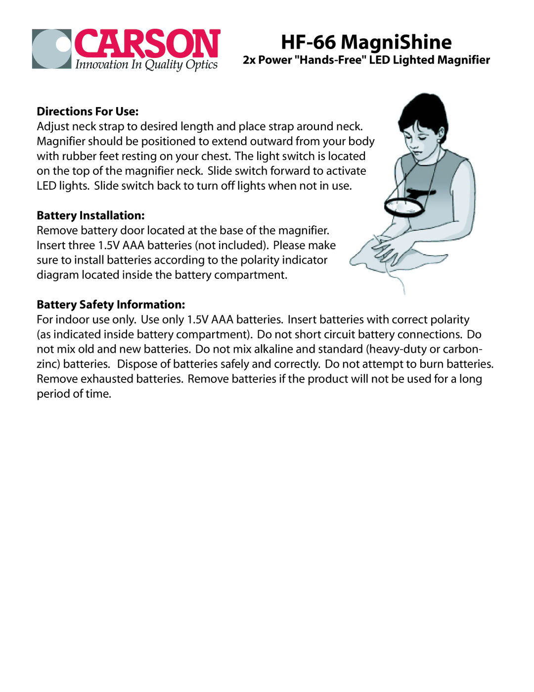 Carson manual HF-66 MagniShine, Battery Installation, Battery Safety Information 