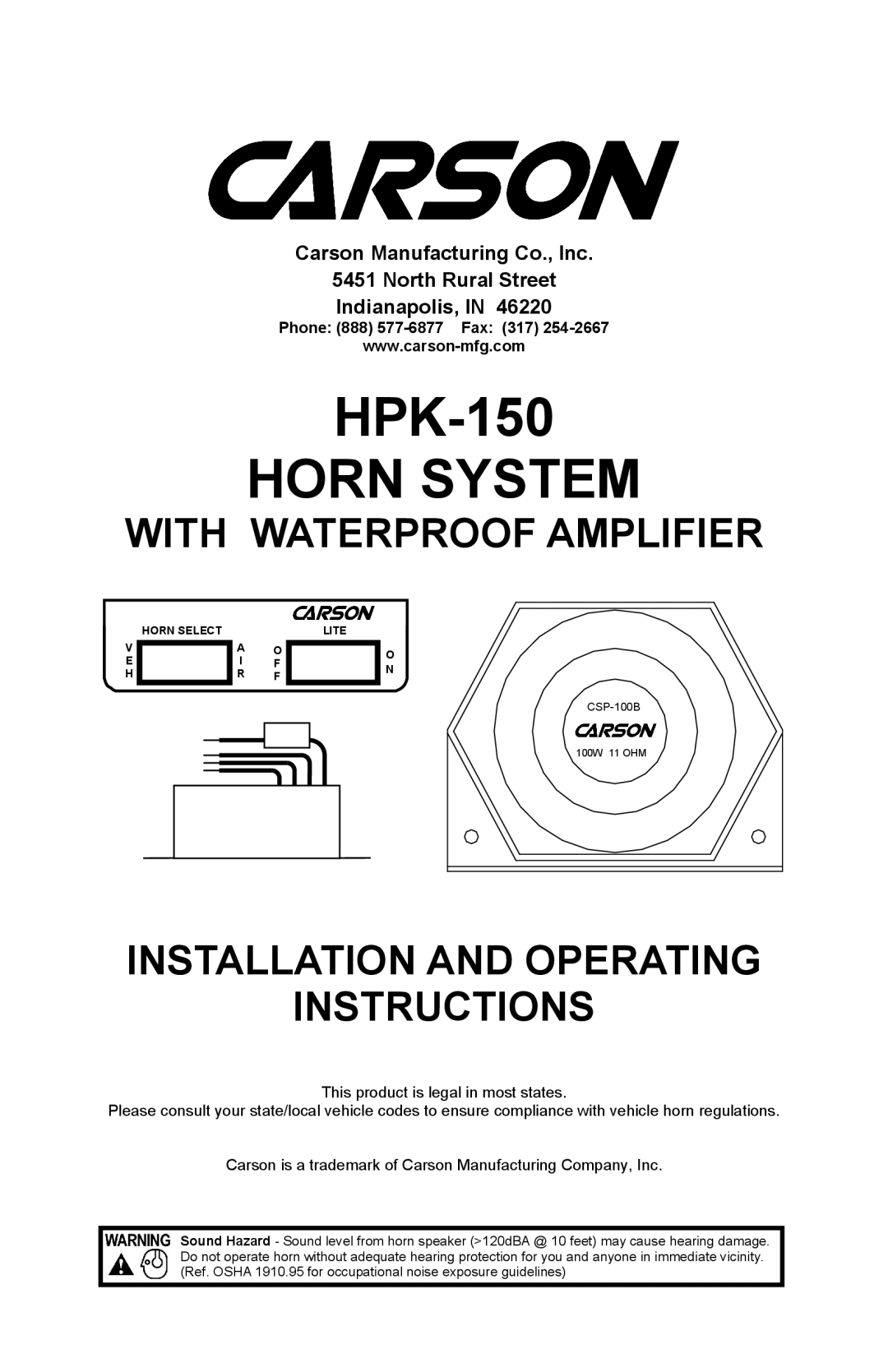 Carson Horn System operating instructions Phone 888 577-6877 Fax 317 