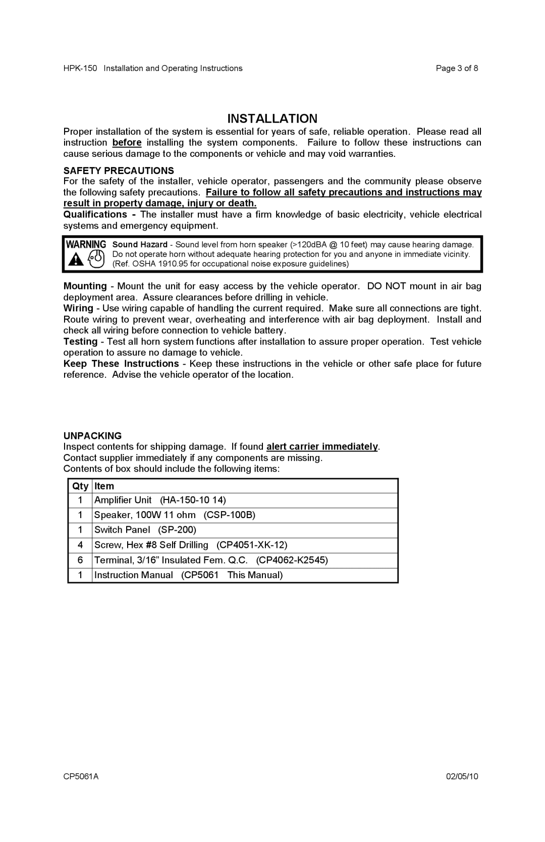 Carson Horn System operating instructions Installation, Safety Precautions, Unpacking, Qty 