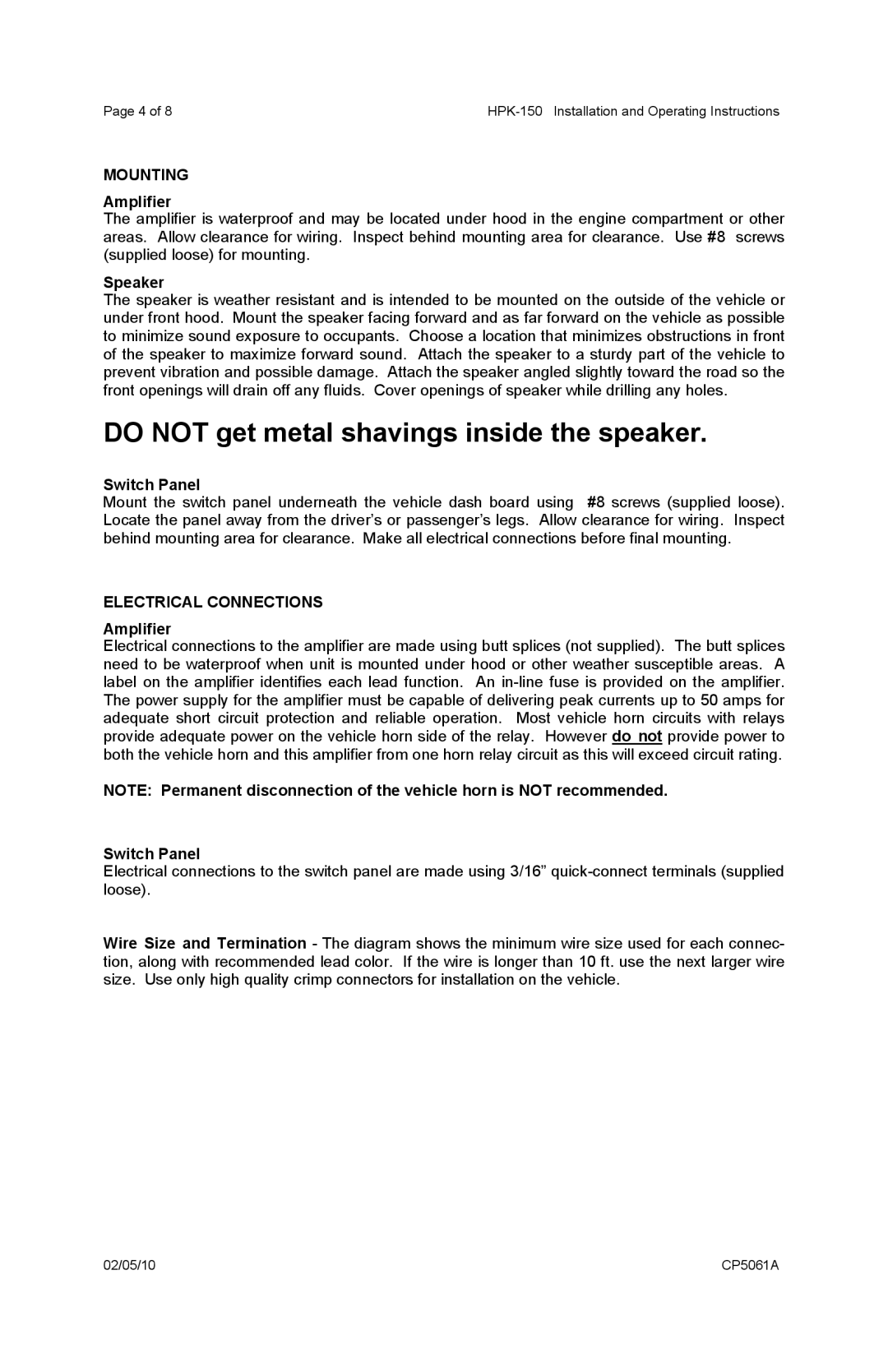 Carson Horn System operating instructions Mounting, Amplifier, Speaker, Switch Panel, Electrical Connections 