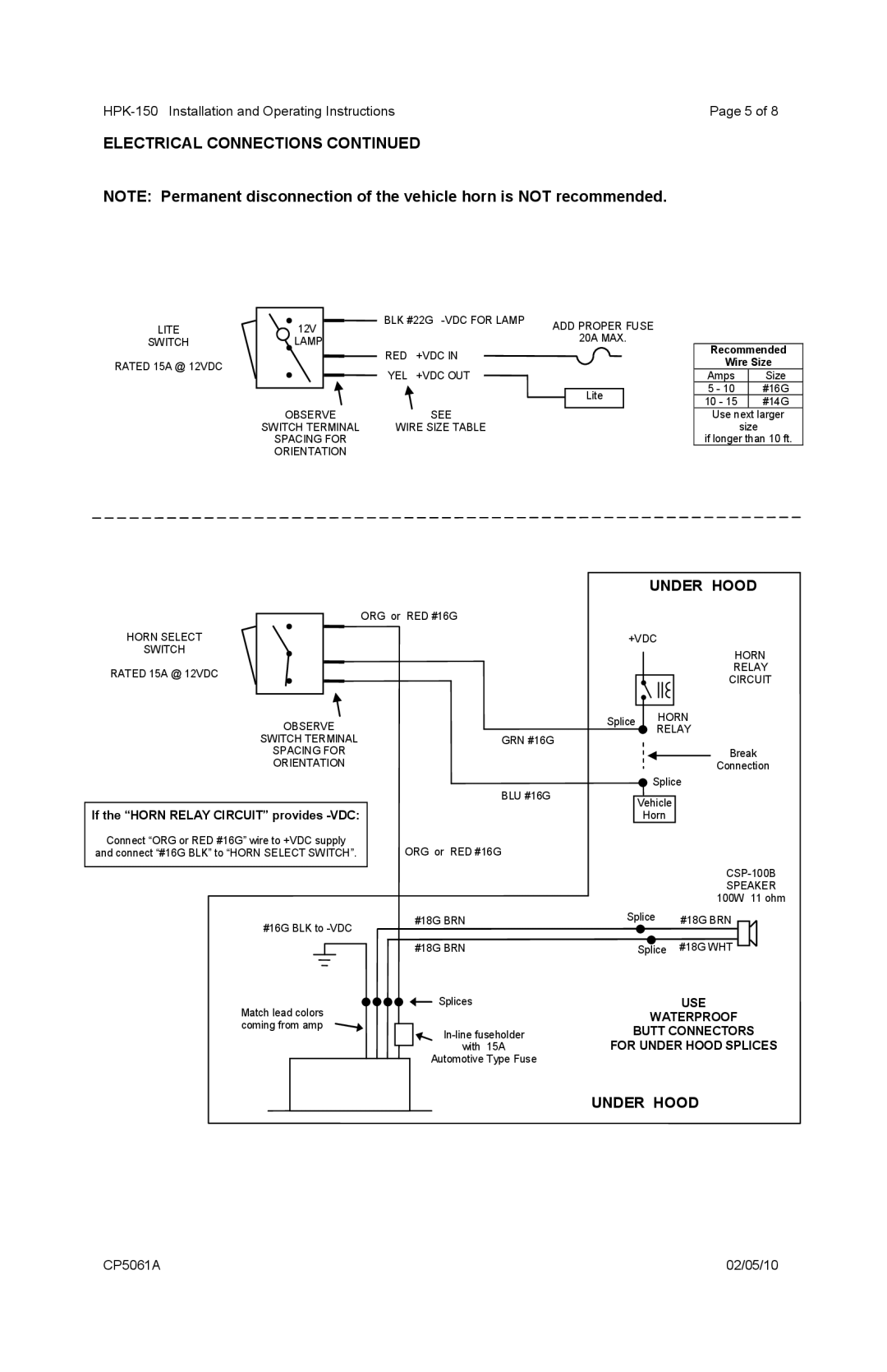 Carson Horn System operating instructions Under Hood, Recommended Wire Size 