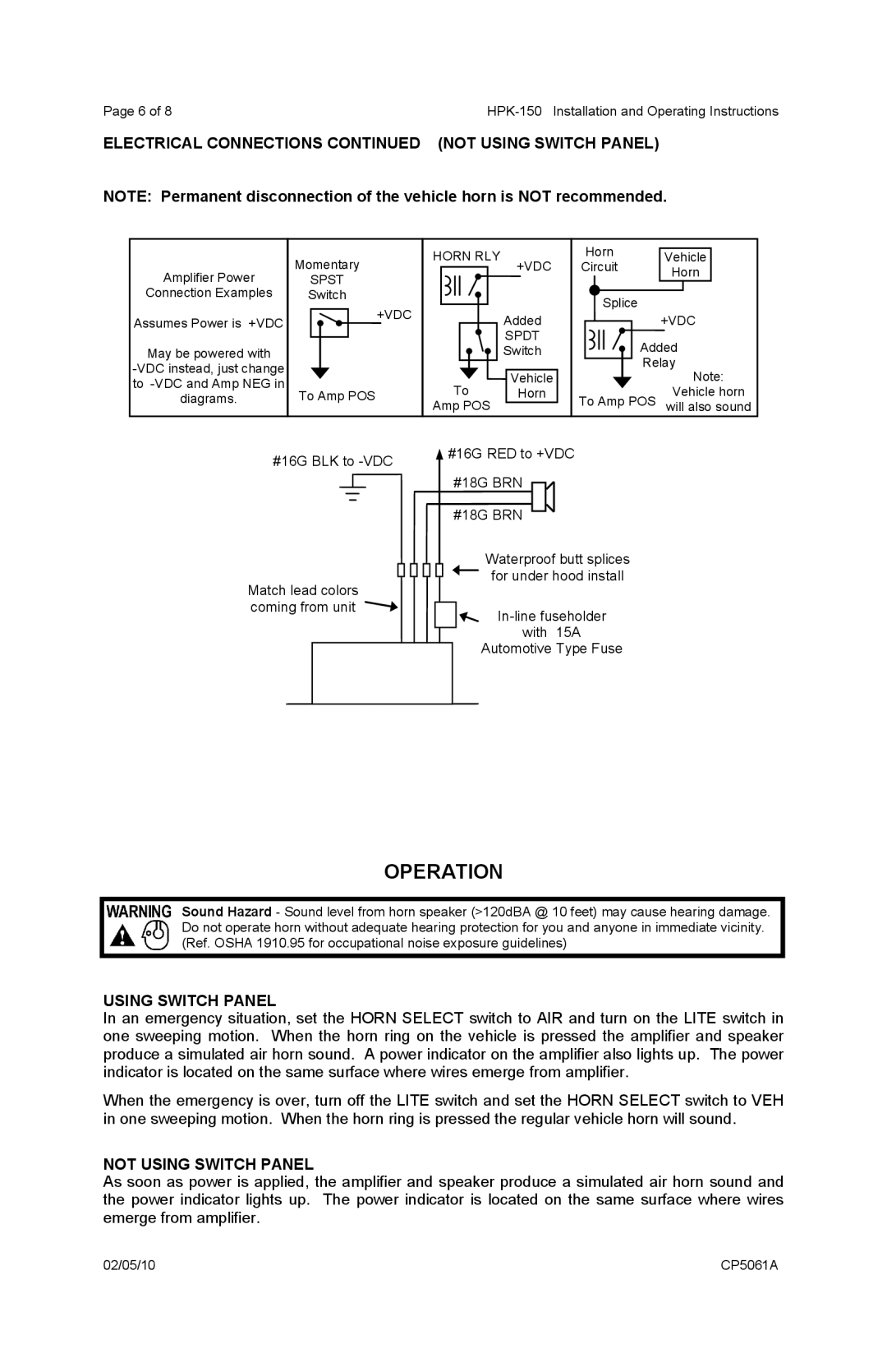 Carson Horn System operating instructions Operation, Electrical Connections Not Using Switch Panel 