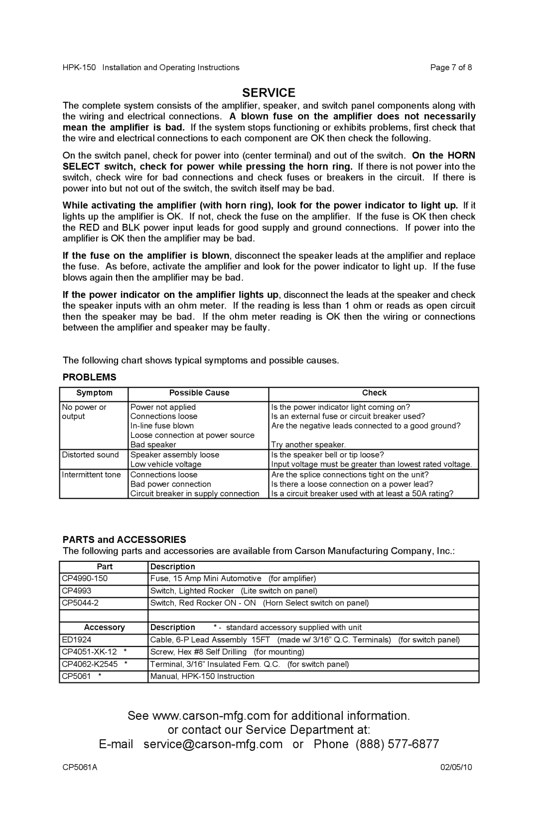 Carson Horn System operating instructions Service, Problems, Parts and Accessories 