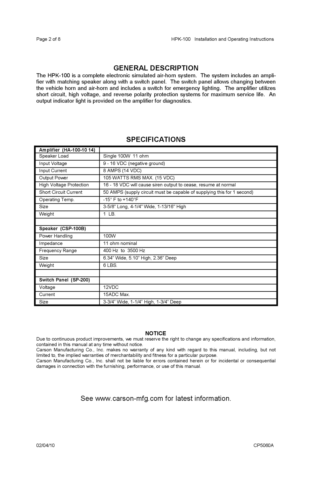 Carson HPK-100 General Description, Specifications, Amplifier HA-100-10, Speaker CSP-100B, Switch Panel SP-200 