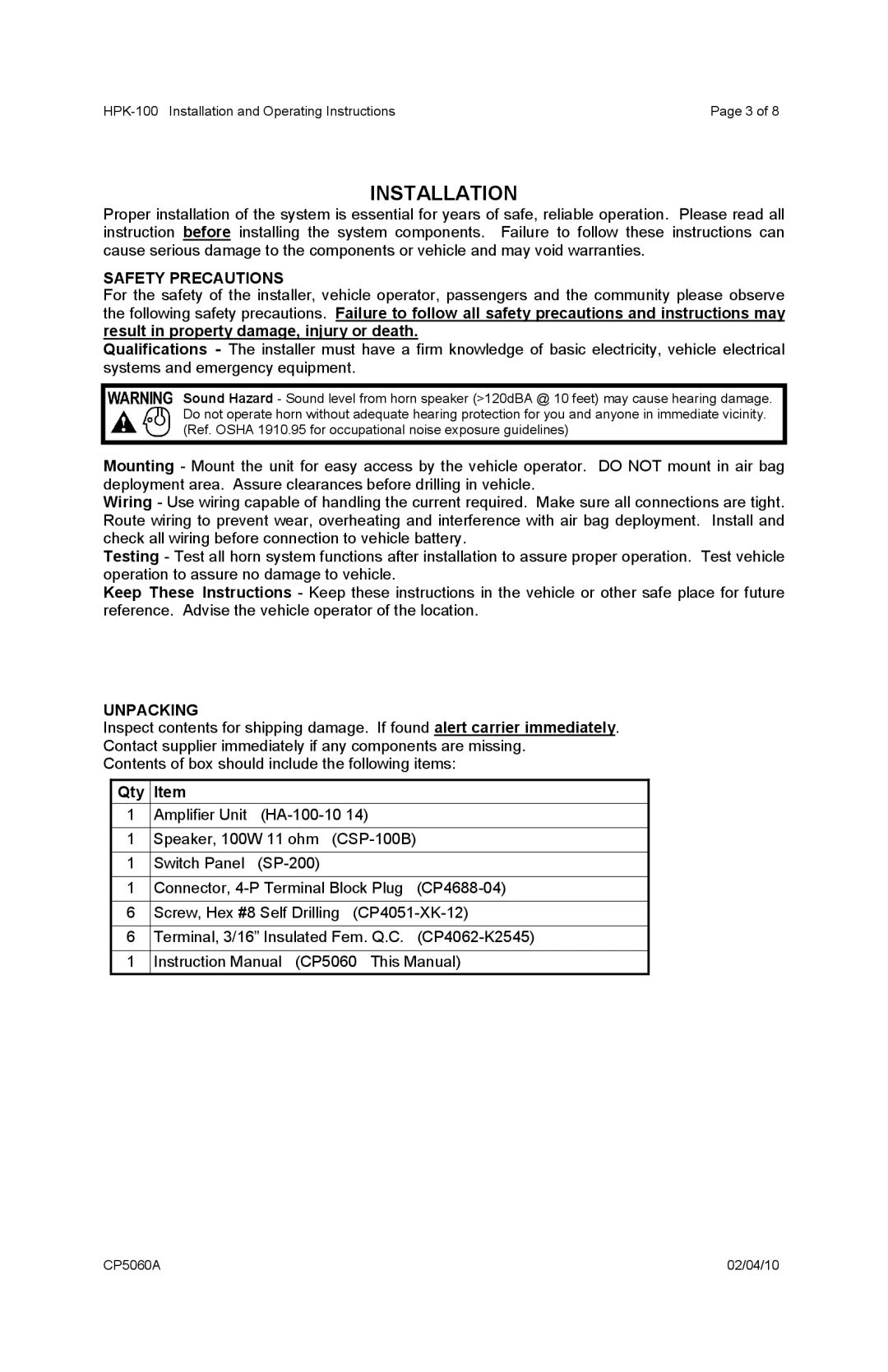 Carson HPK-100 operating instructions Installation, Safety Precautions, Unpacking, Qty 