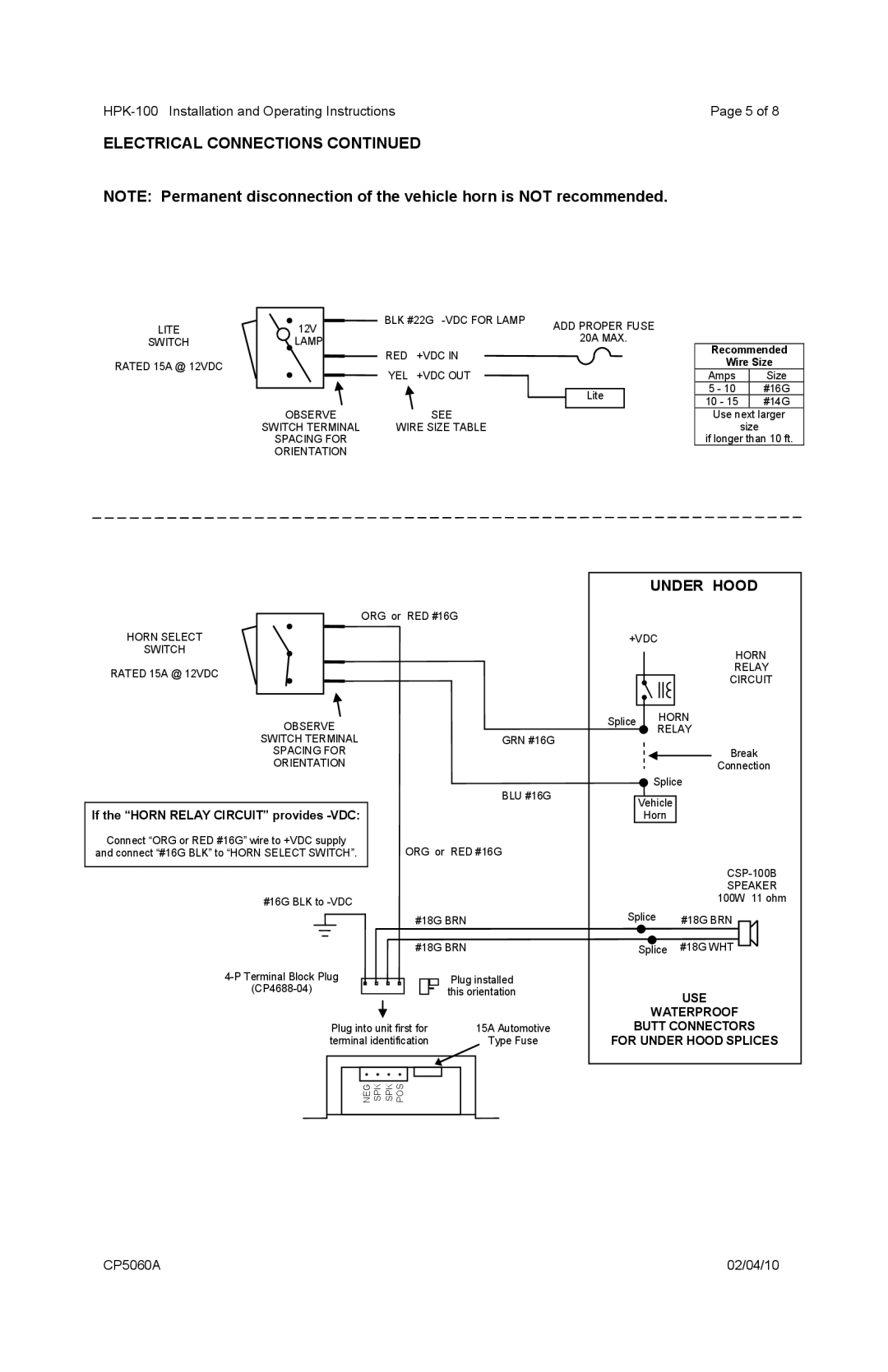 Carson HPK-100 operating instructions Under Hood, Recommended Wire Size 