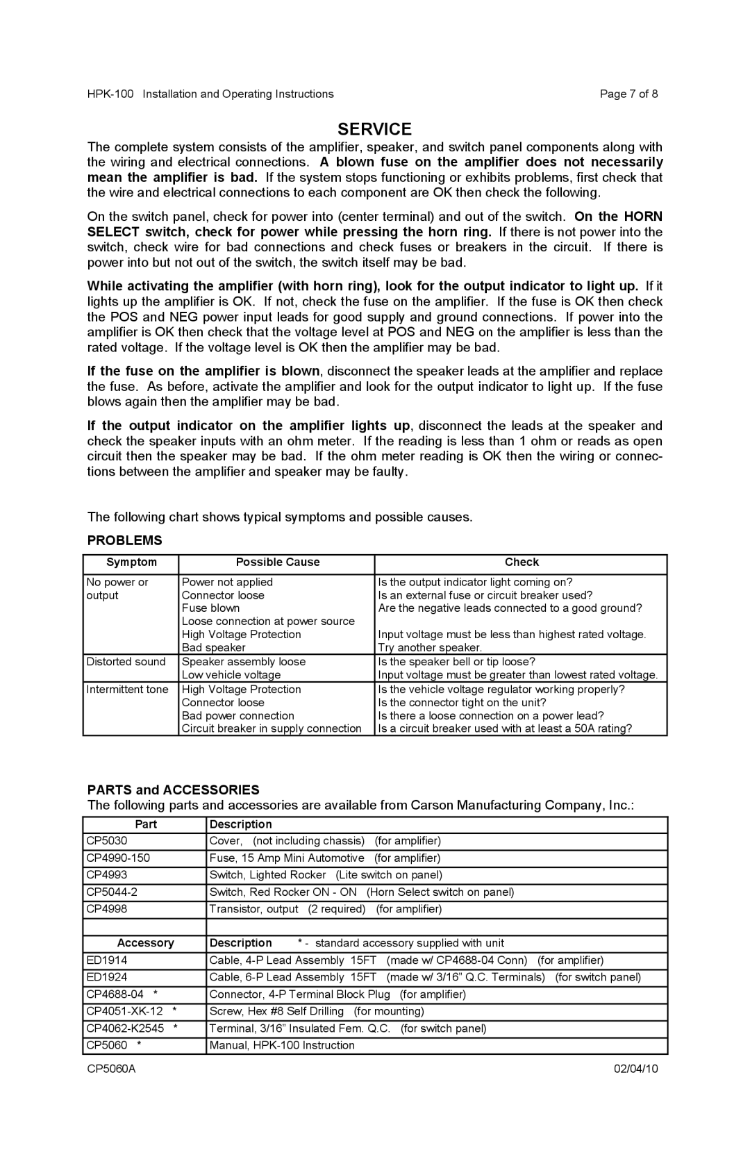 Carson HPK-100 operating instructions Service, Problems, Parts and Accessories 