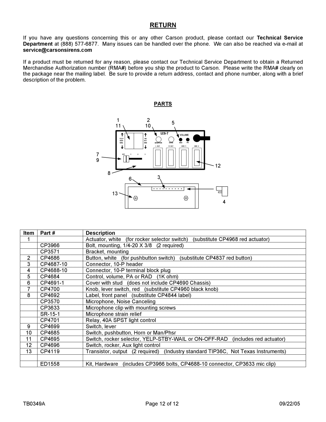 Carson LCS-7-01 manual Return, Parts, Description 