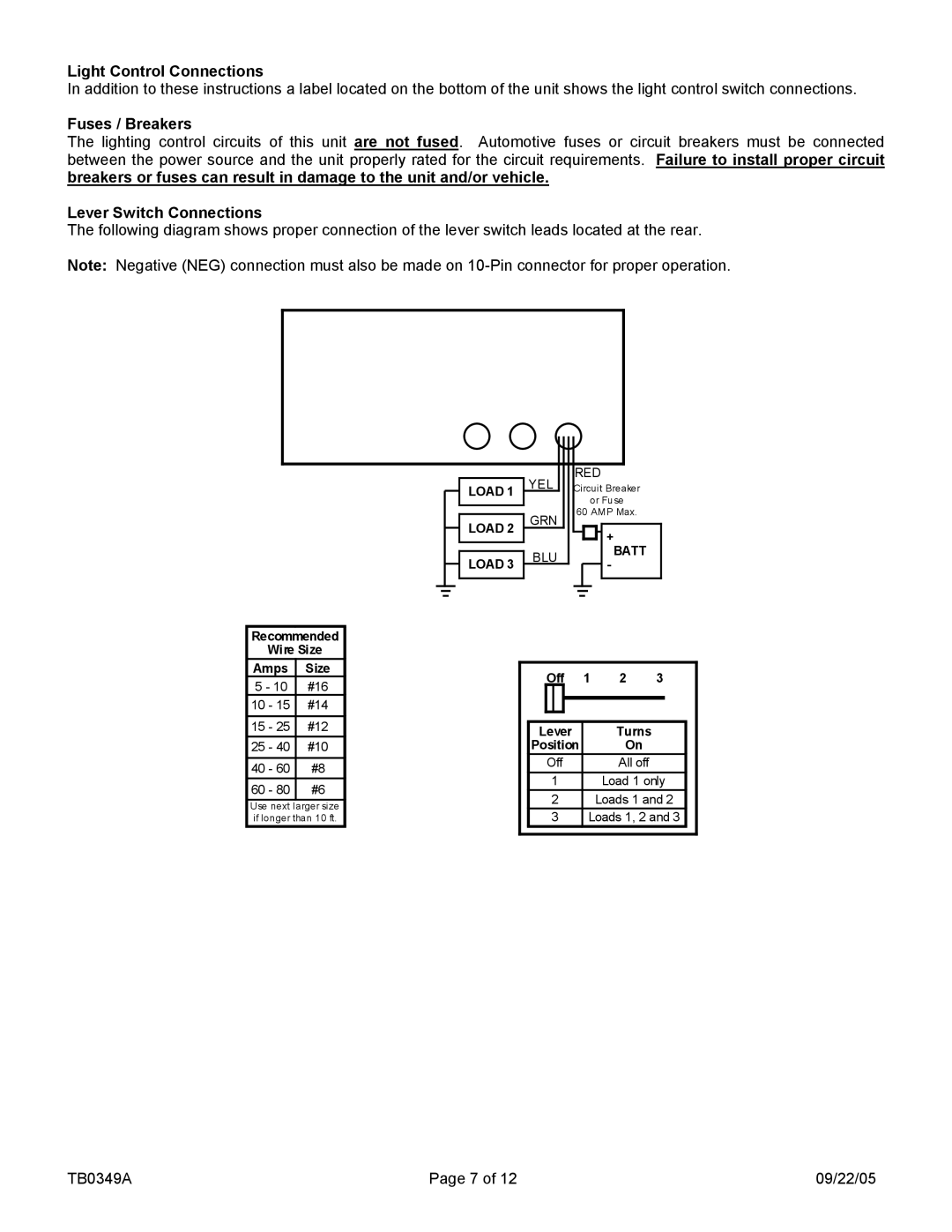 Carson LCS-7-01 manual Light Control Connections, Fuses / Breakers, Lever Switch Connections 