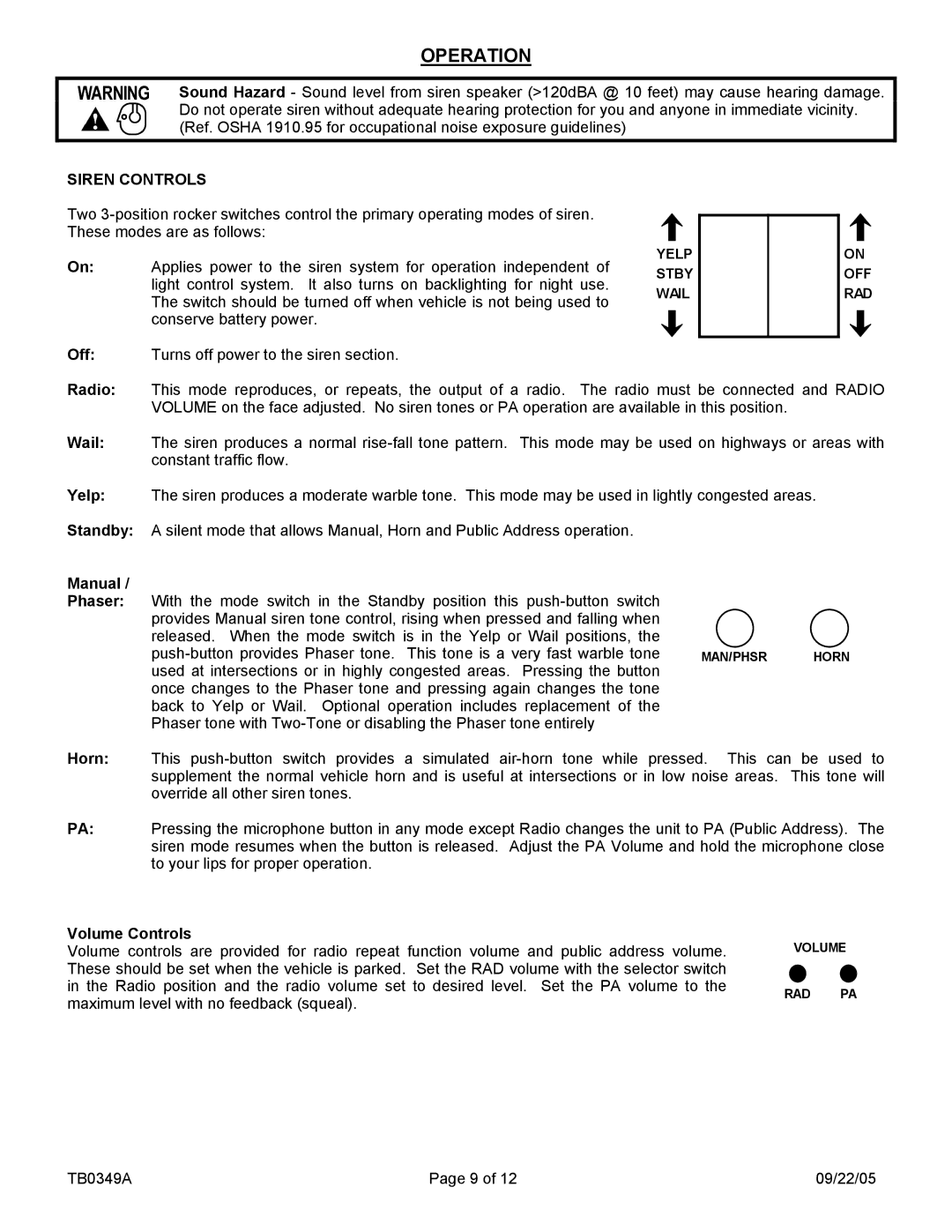 Carson LCS-7-01 manual Operation, Siren Controls, Manual, Volume Controls 