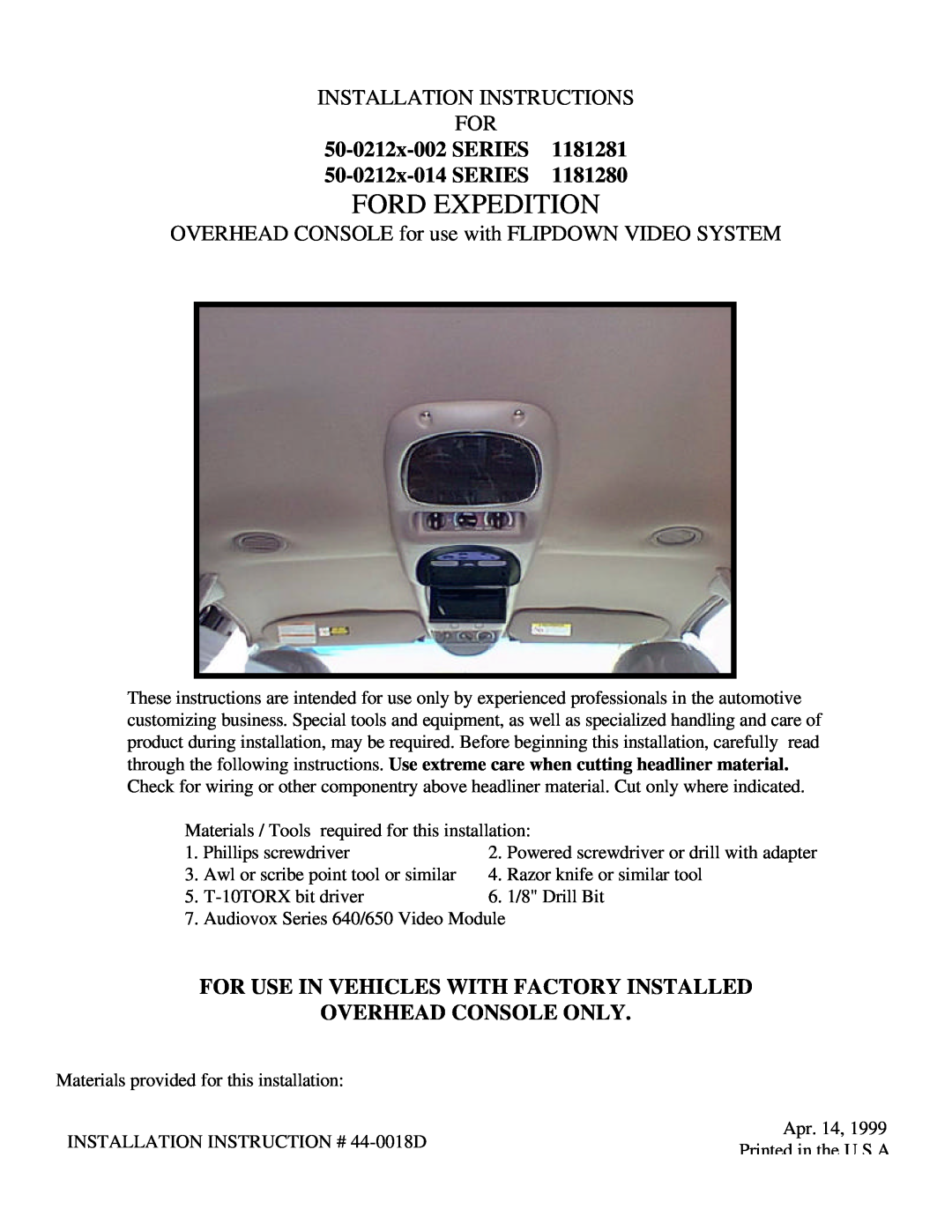 Carson Optical 1181281, 1181280 installation instructions Ford Expedition, Installation Instructions For 