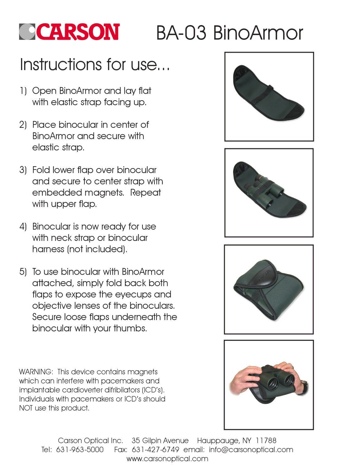 Carson Optical ba-03 manual BA-03 BinoArmor, Instructions for use 