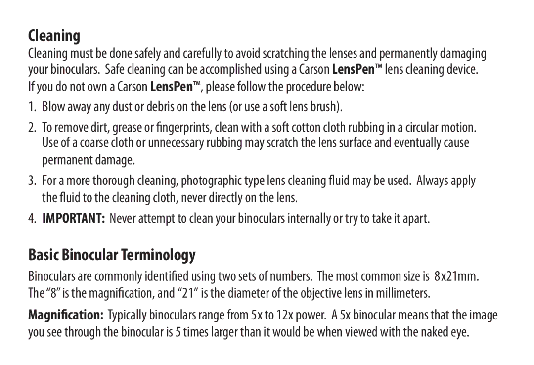 Carson Optical Binoculars manual Cleaning, Basic Binocular Terminology 