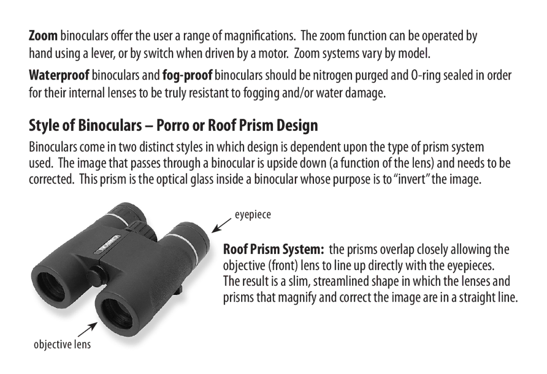 Carson Optical manual Style of Binoculars Porro or Roof Prism Design, Eyepiece, Objective lens 