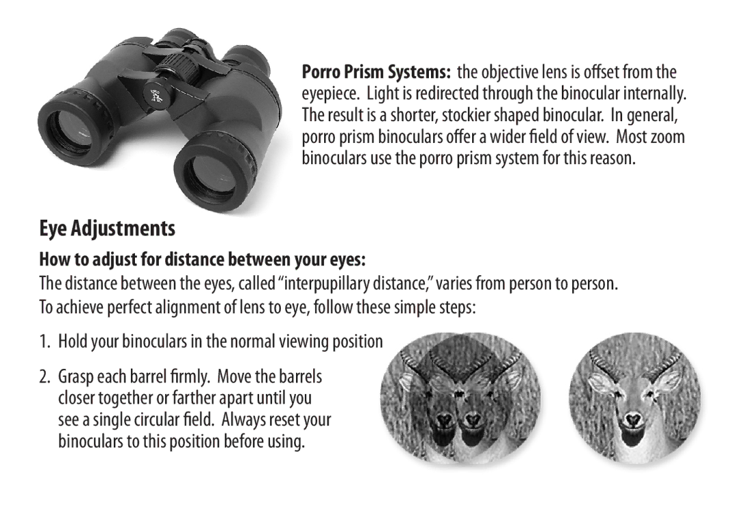 Carson Optical Binoculars manual Eye Adjustments, How to adjust for distance between your eyes 