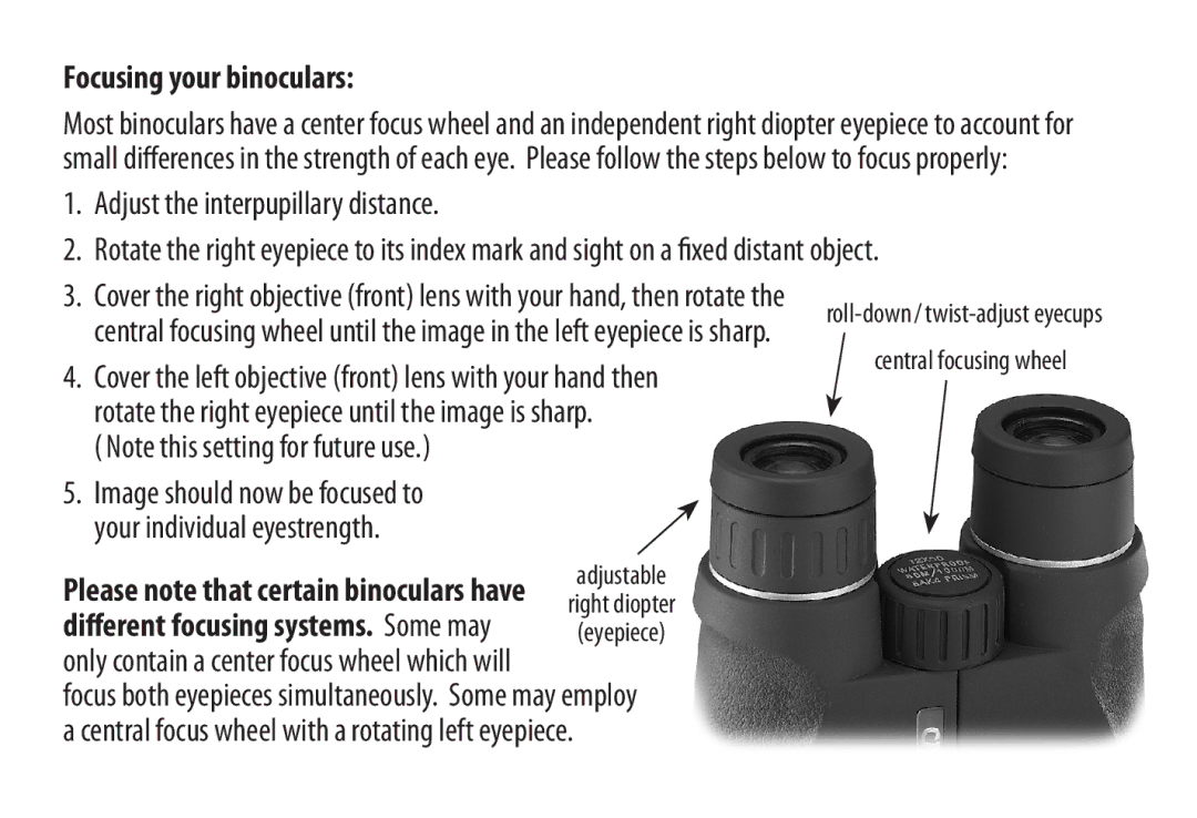 Carson Optical Binoculars manual Focusing your binoculars, Adjust the interpupillary distance, Central focusing wheel 