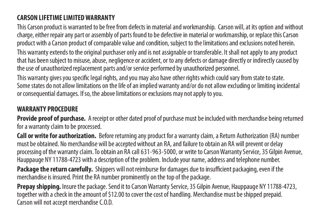 Carson Optical Binoculars manual Carson Lifetime Limited Warranty 