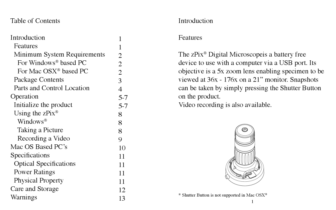 Carson Optical MM-740 instruction manual Shutter Button is not supported in Mac OSX 