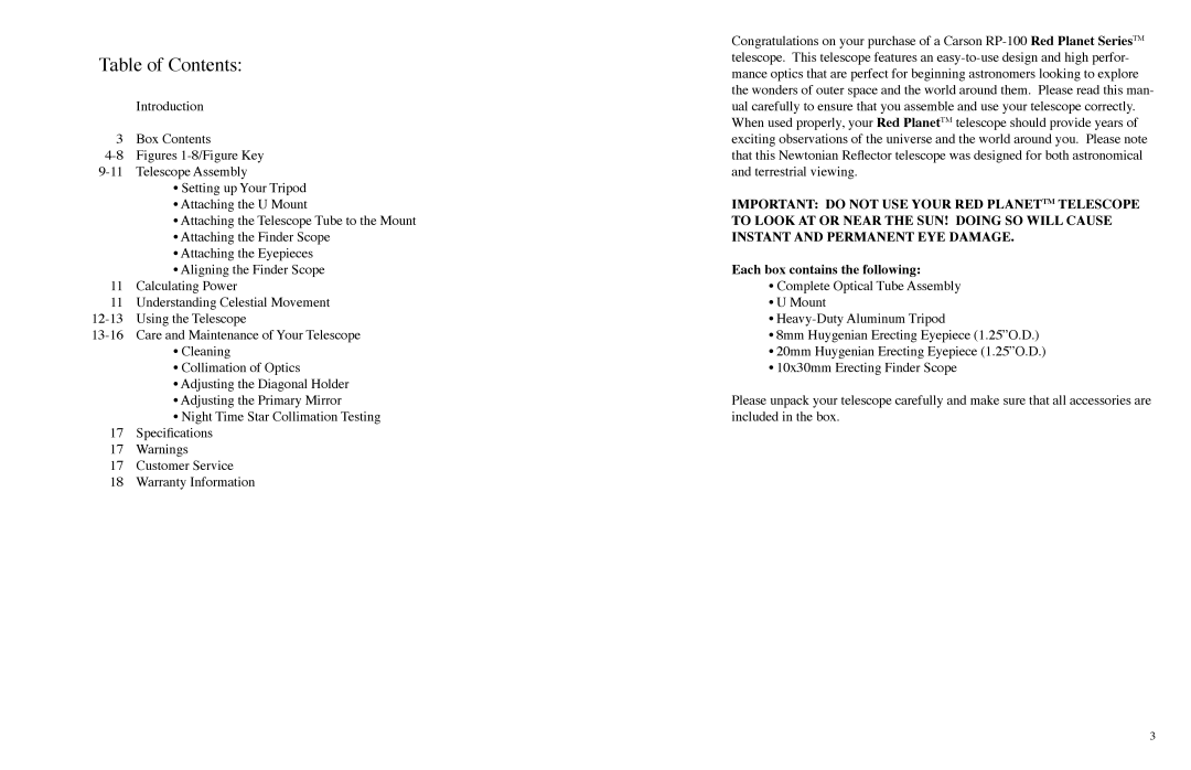 Carson Optical RP-100 instruction manual Table of Contents 