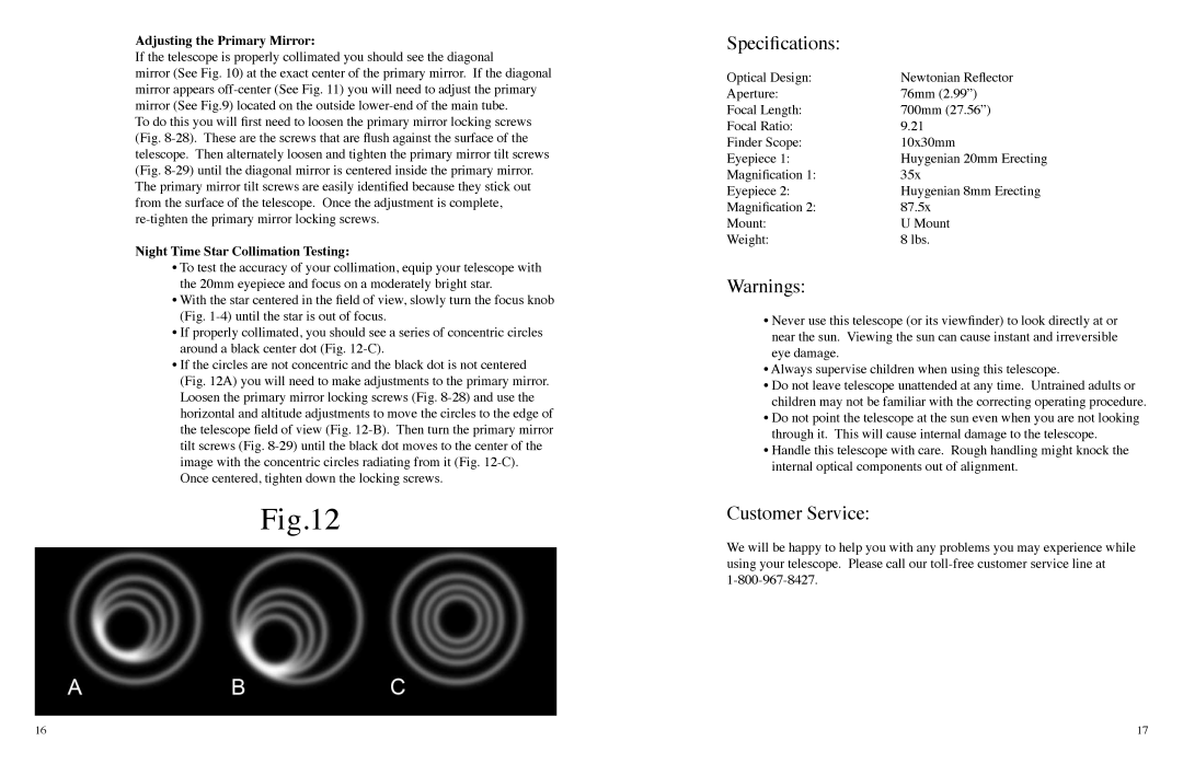 Carson Optical RP-100 Specifications, Customer Service, Adjusting the Primary Mirror, Night Time Star Collimation Testing 