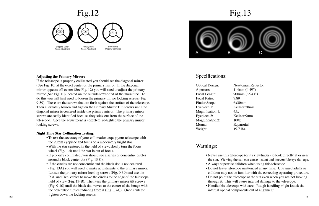 Carson Optical RP-300 instruction manual Specifications, Adjusting the Primary Mirror, Night Time Star Collimation Testing 