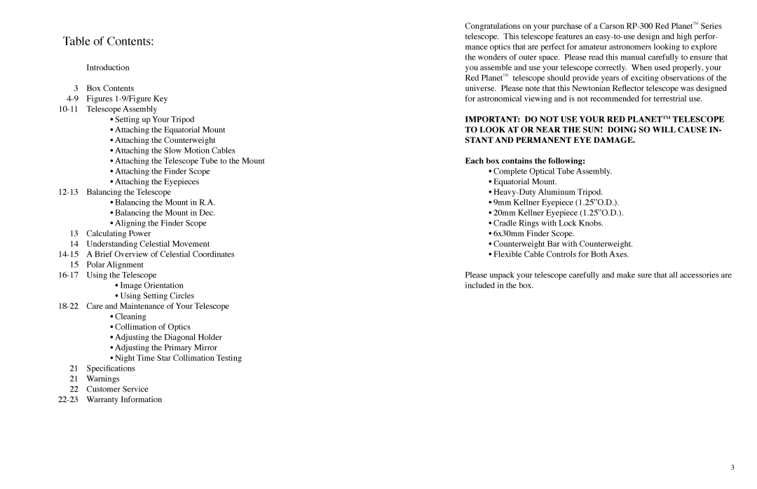 Carson Optical RP-300 instruction manual Table of Contents 